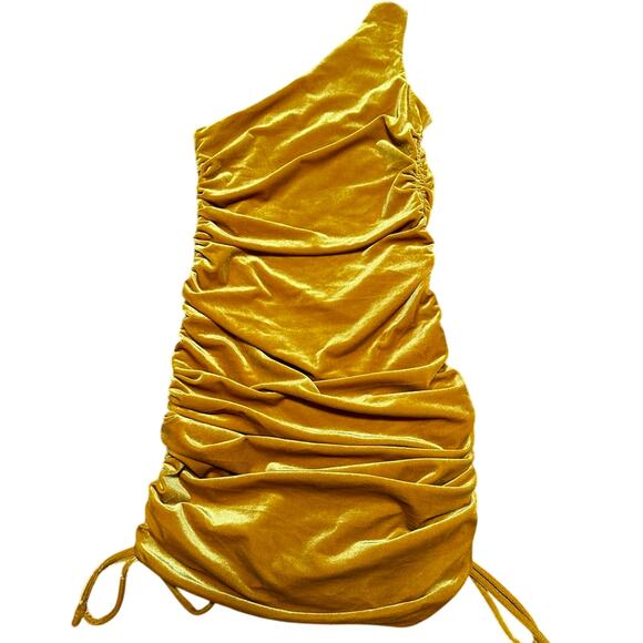 House of Harlow 1960 Gold Velvet One Shoulder Ruched Cocktail Dress – Size M - Picture 1 of 5